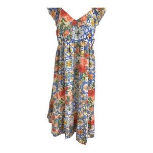 White blue orange multi Ruffle strap v-neck tiered hem maternity dress size‎ M
